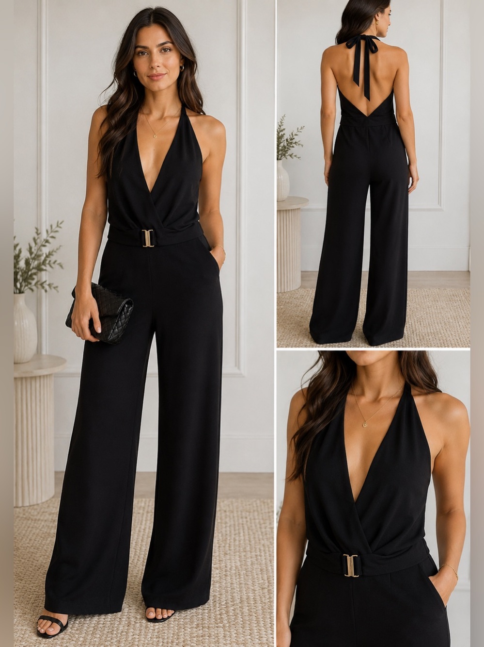 Cache Black Halter V‑Neck Wide‑Leg Jumpsuit